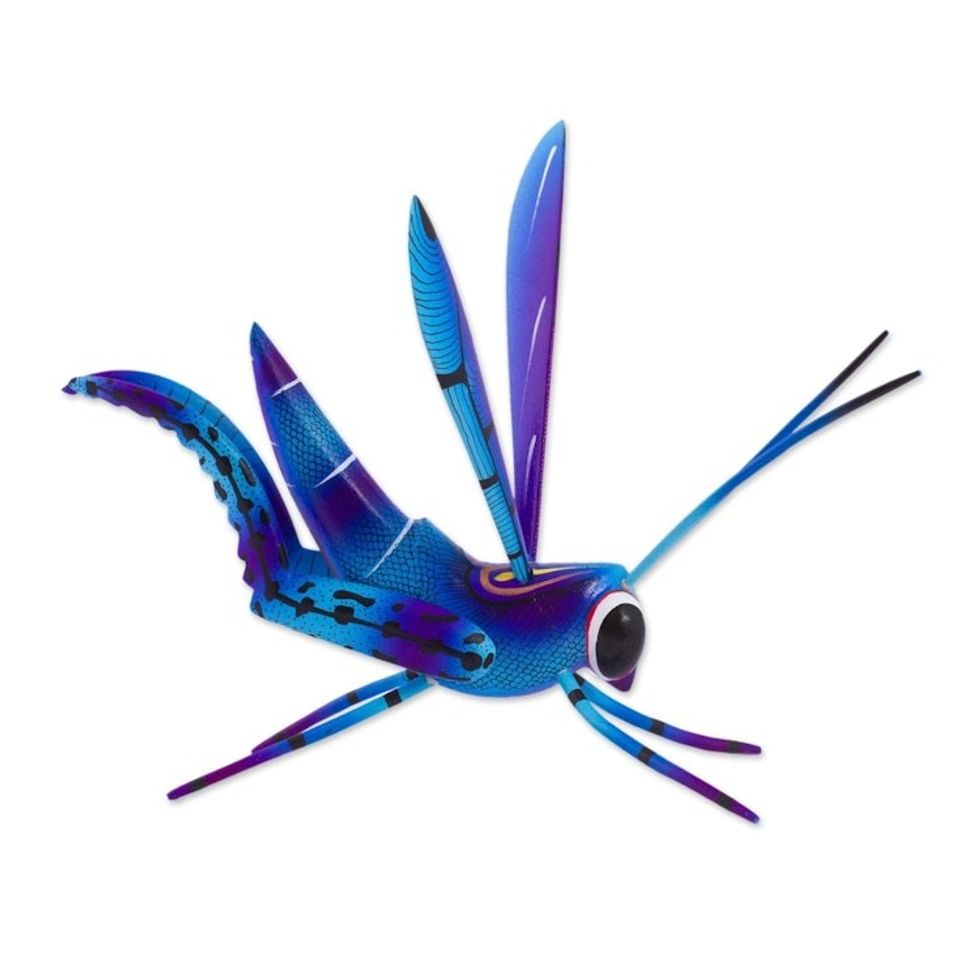Wood Alebrije Cricket Sculpture in Blue from Mexico 'Blue Good Luck Cricket'