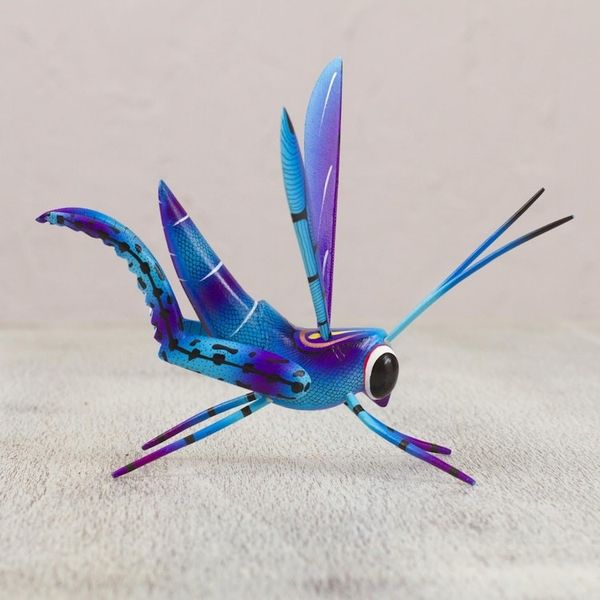 Alternate image for Wood Alebrije Cricket Sculpture in Blue from Mexico Blue Good Luck Cricket