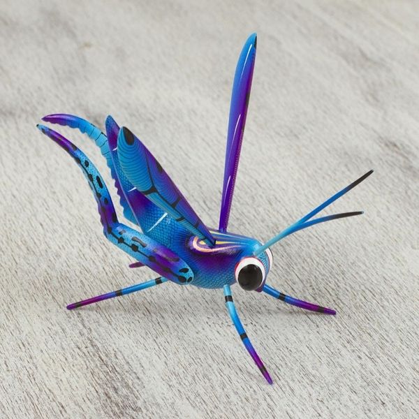 Alternate image for Wood Alebrije Cricket Sculpture in Blue from Mexico Blue Good Luck Cricket