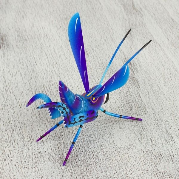 Alternate image for Wood Alebrije Cricket Sculpture in Blue from Mexico Blue Good Luck Cricket