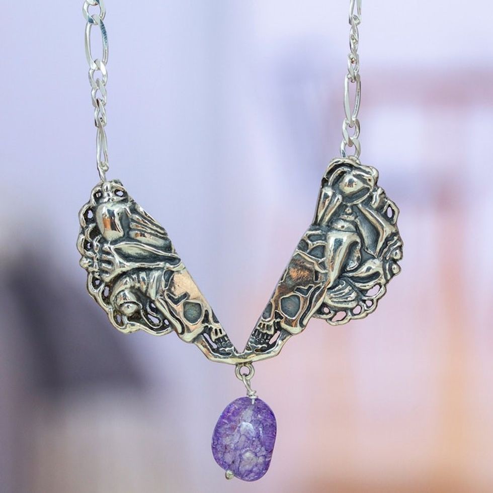 Purple Quartz Catrina Skull Pendant Necklace from Mexico 'Conch Catrina'