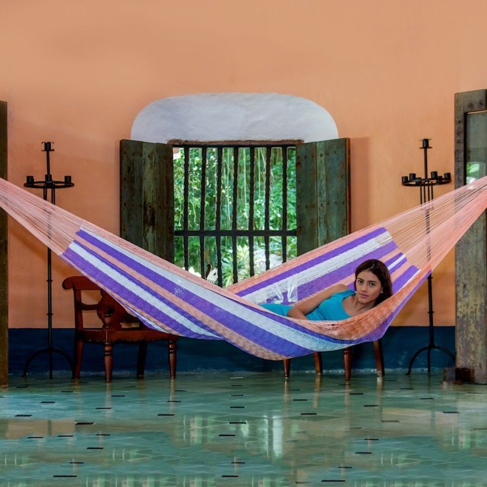 Hand Woven Nylon Purple Orange Hammock Single from Mexico 'Melon Stripe'