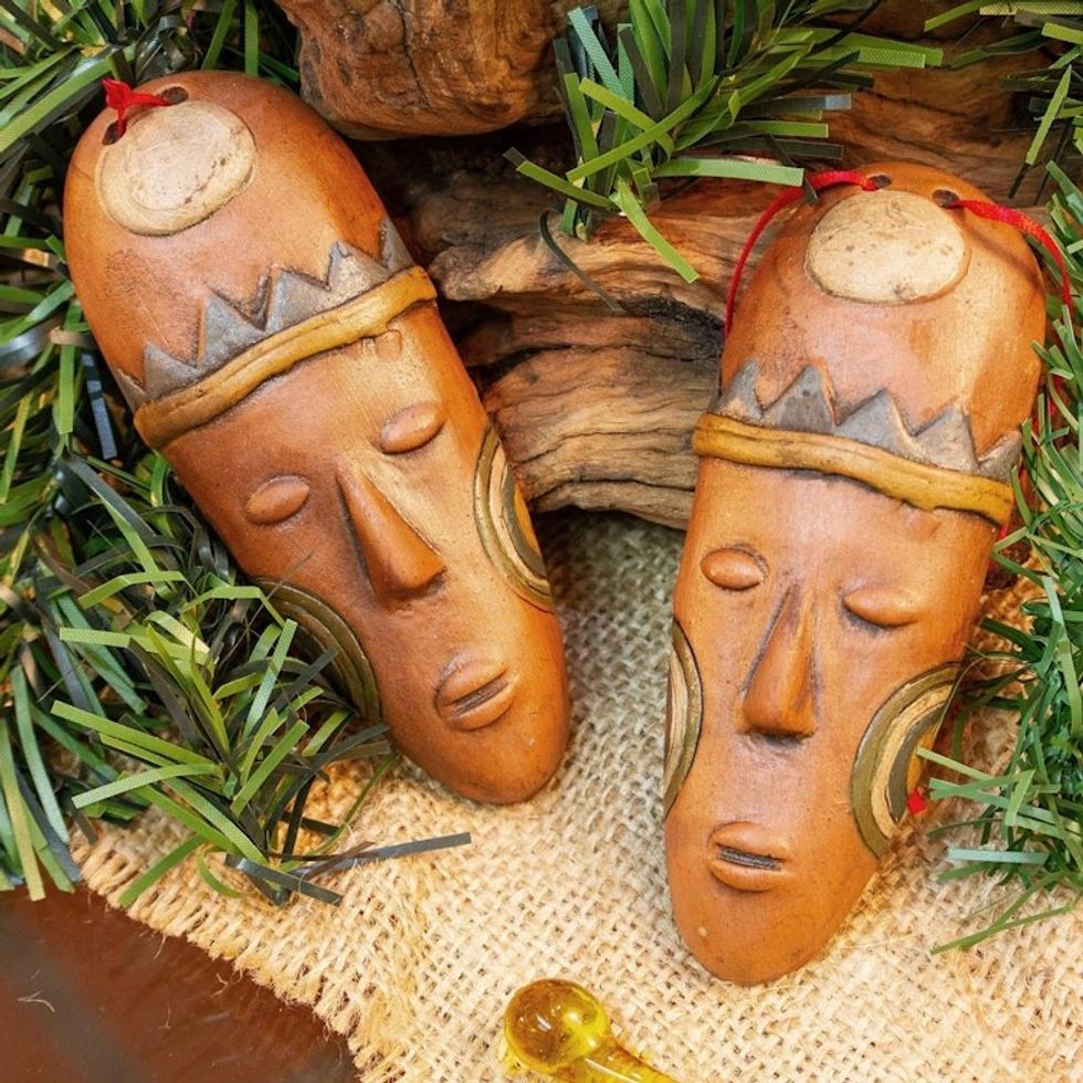 Ceramic Mask Ornaments in Brown from Mexico Pair 'Charming Masks'