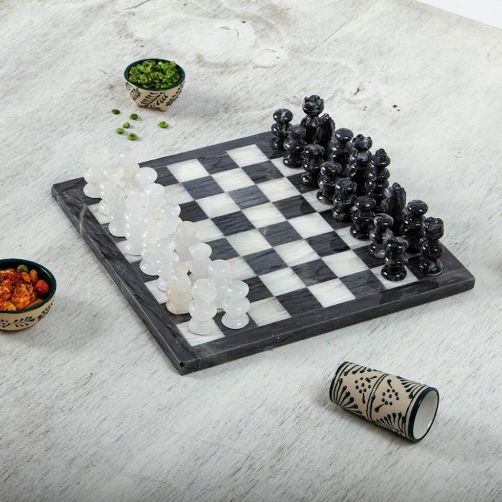 Grey and White Marble and Onyx Chess Set 'Sophisticated Challenge'
