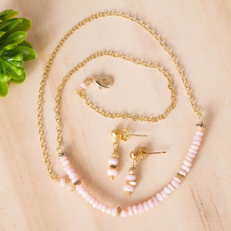 Gold Plated Opal and Crystal Jewelry Set from Mexico 'Pink Light'