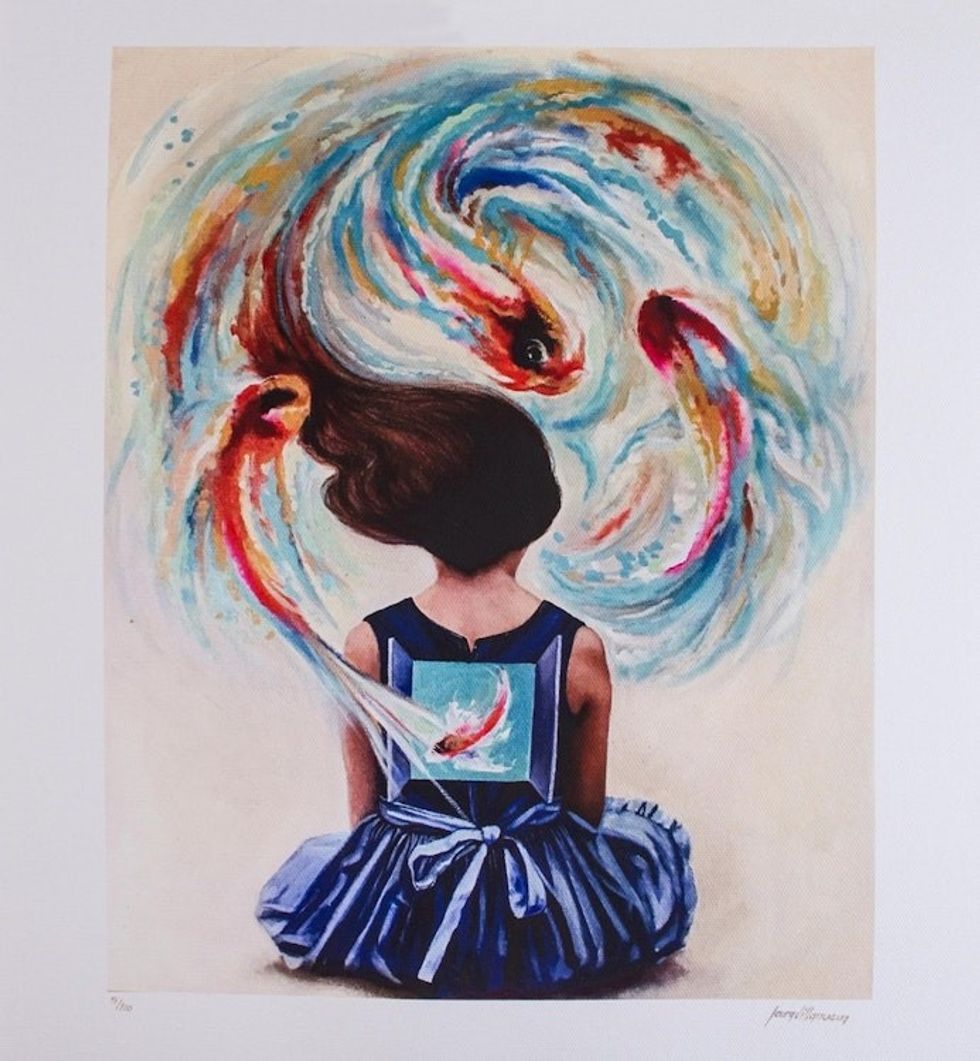 Signed Surrealist Print of a Girl with Fish from Mexico 'Aquatic Box'