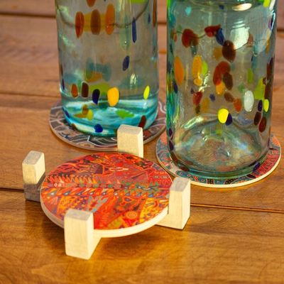 Main image for Four Round Multicolored Mexican Pinewood Decoupage Coasters Round Huichol