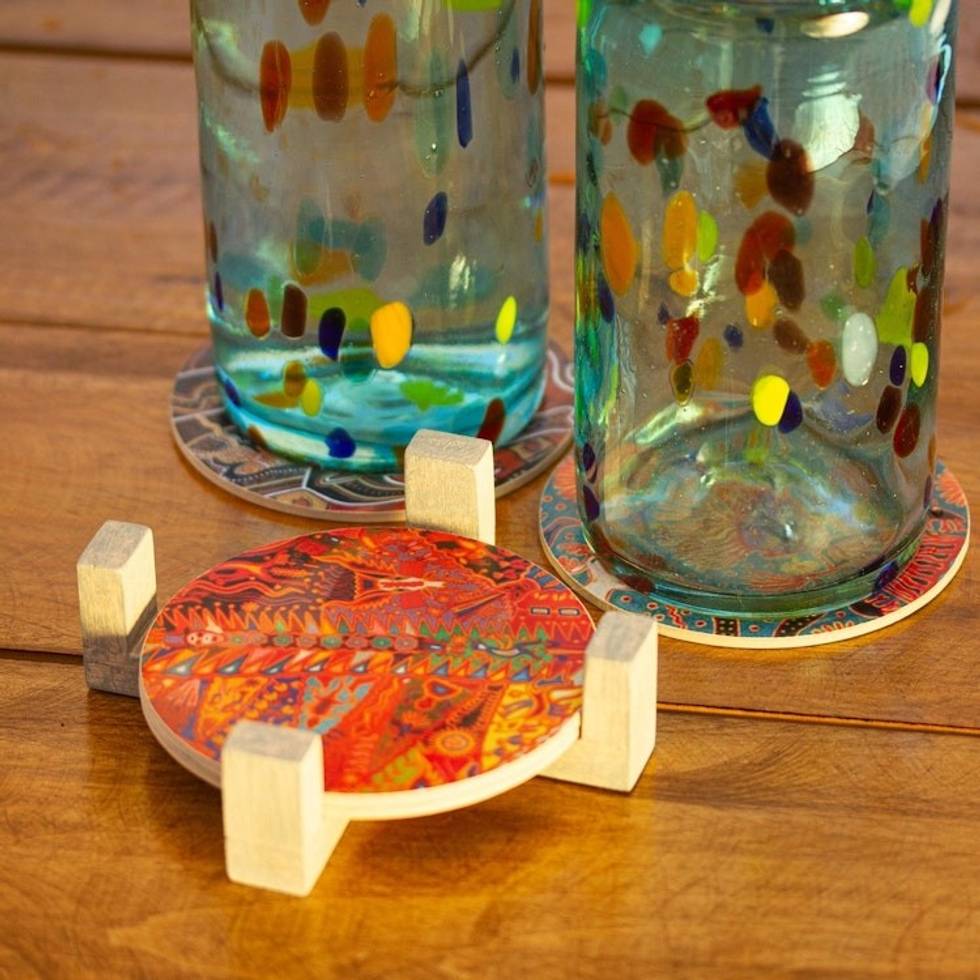 Four Round Multicolored Mexican Pinewood Decoupage Coasters 'Round Huichol'