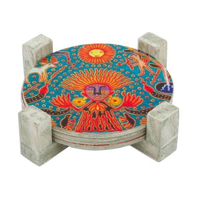 Alternate image for Four Round Multicolored Mexican Pinewood Decoupage Coasters Round Huichol