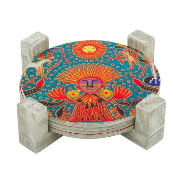 Alternate image for Four Round Multicolored Mexican Pinewood Decoupage Coasters Round Huichol