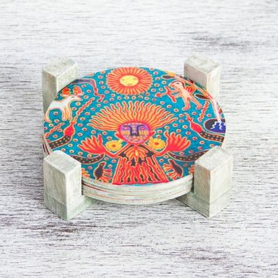 Alternate image for Four Round Multicolored Mexican Pinewood Decoupage Coasters Round Huichol