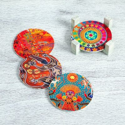 Alternate image for Four Round Multicolored Mexican Pinewood Decoupage Coasters Round Huichol