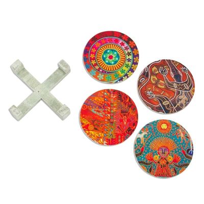 Alternate image for Four Round Multicolored Mexican Pinewood Decoupage Coasters Round Huichol