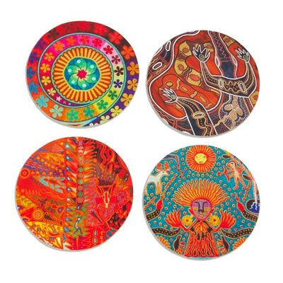Alternate image for Four Round Multicolored Mexican Pinewood Decoupage Coasters Round Huichol