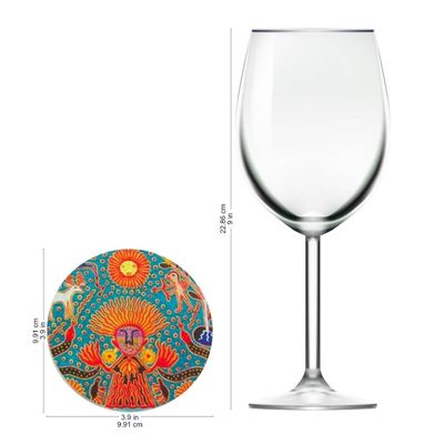 Alternate image for Four Round Multicolored Mexican Pinewood Decoupage Coasters Round Huichol