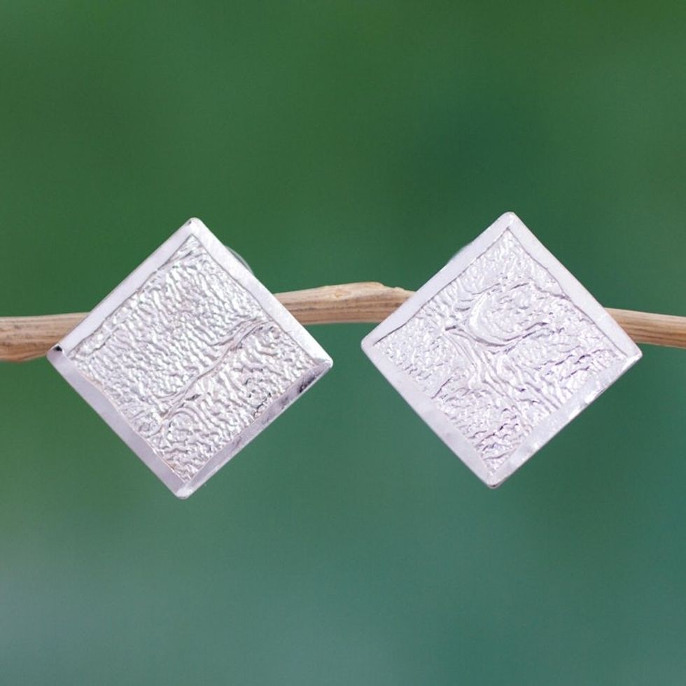 Sterling Silver Square Shaped Button Earrings from Mexico 'Windows of Texture'