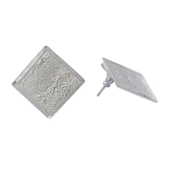Alternate image for Sterling Silver Square Shaped Button Earrings from Mexico Windows of Texture