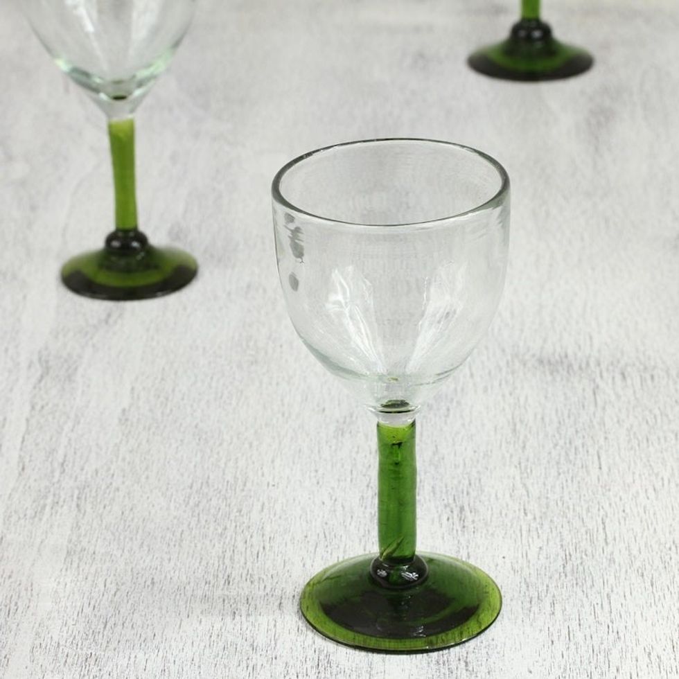Hand Made Wine Glasses Blown Glass Art set of 4 'Forest Mirage'