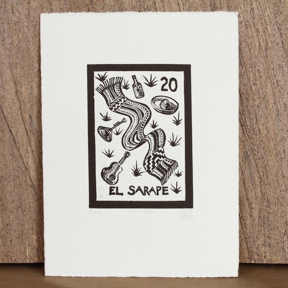 Mexico Folk Art Theme Signed Black and White Painting Print 'The Sarape Tequila Lotto'