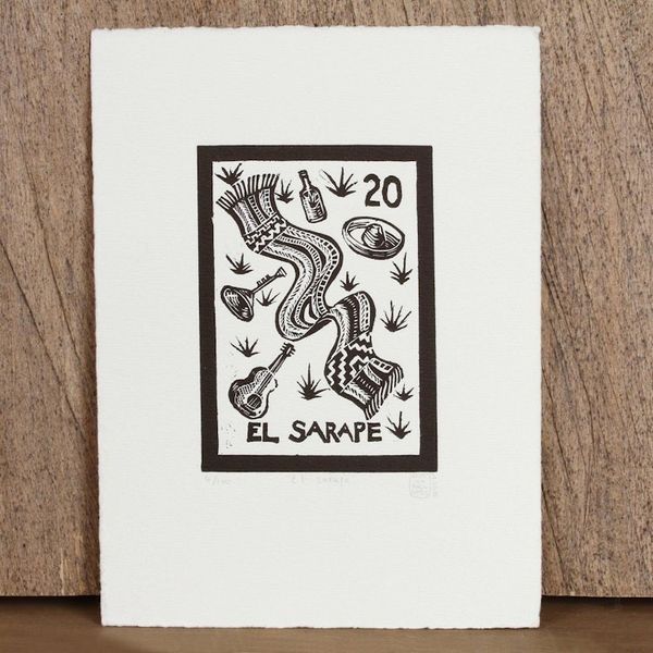 Alternate image for Mexico Folk Art Theme Signed Black and White Painting Print The Sarape Tequila Lotto