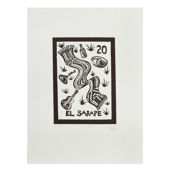 Alternate image for Mexico Folk Art Theme Signed Black and White Painting Print The Sarape Tequila Lotto
