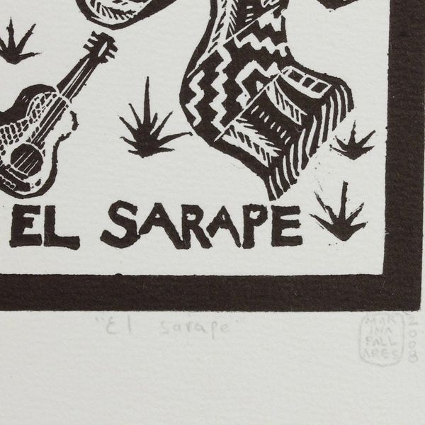 Alternate image for Mexico Folk Art Theme Signed Black and White Painting Print The Sarape Tequila Lotto