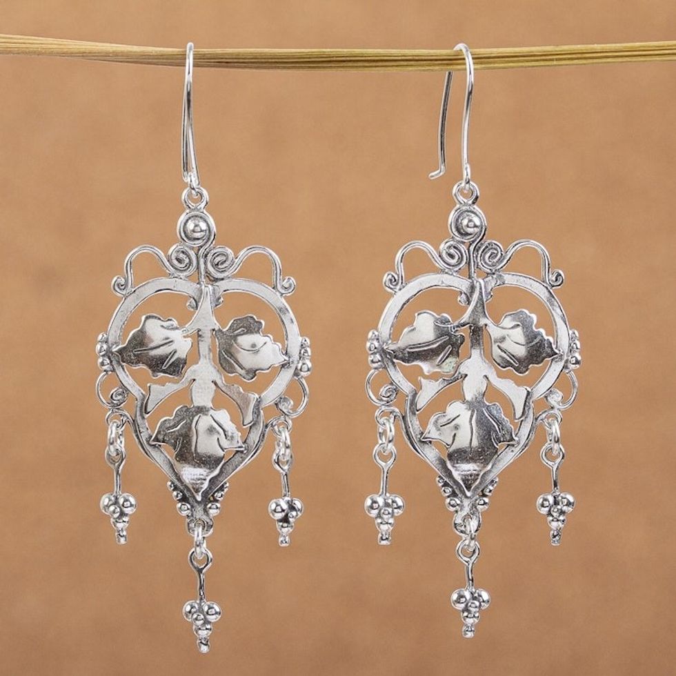 Mexican Handcrafted Sterling Silver Chandelier Earrings 'Three Leaves'