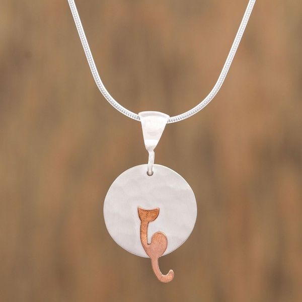 Alternate image for Sterling Silver and Copper Cat Pendant Necklace from Mexico Lunar Cat