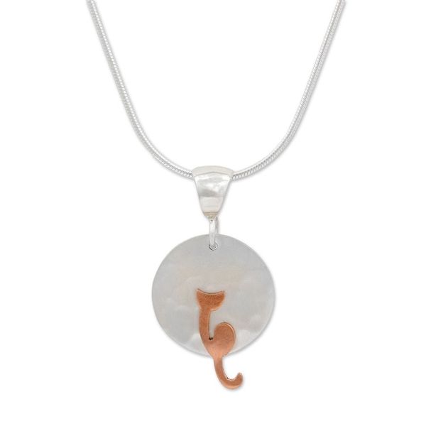 Alternate image for Sterling Silver and Copper Cat Pendant Necklace from Mexico Lunar Cat