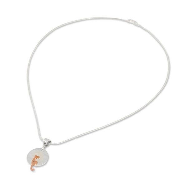 Alternate image for Sterling Silver and Copper Cat Pendant Necklace from Mexico Lunar Cat