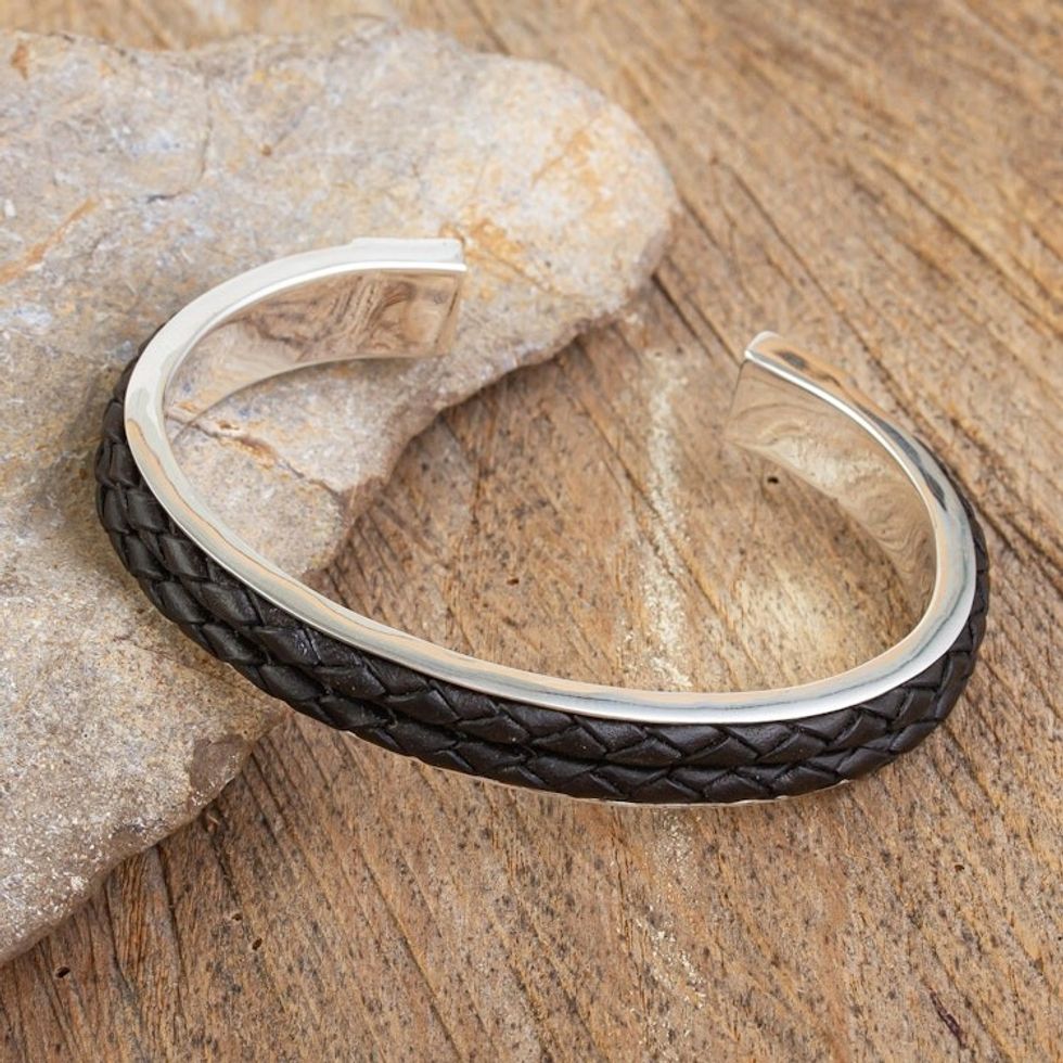 Taxco Silver Hand Crafted Cuff with Black Leather Braid 'Rancho Black'