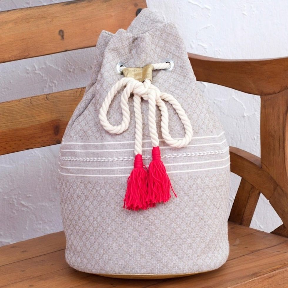 Striped Drawstring Cotton Backpack Handcrafted in Mexico 'Day Trip Dream'