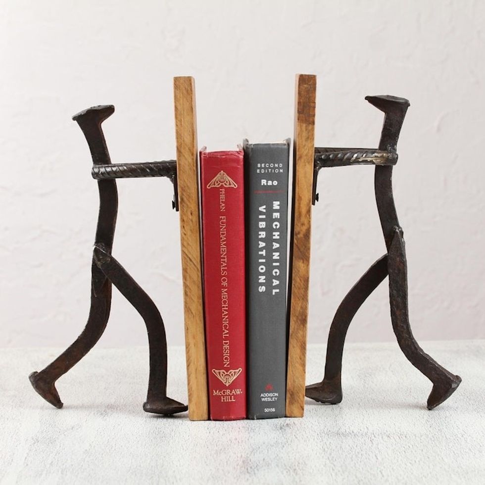 Handcrafted Upcycled Metal and Pinewood Bookends from Mexico 'Book Inspiration'