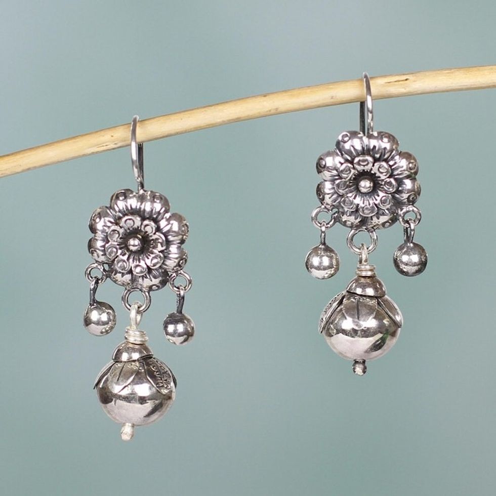 Silver Mazahua Style Artisan Crafted Floral Dangle Earrings 'Floral Enchantment'