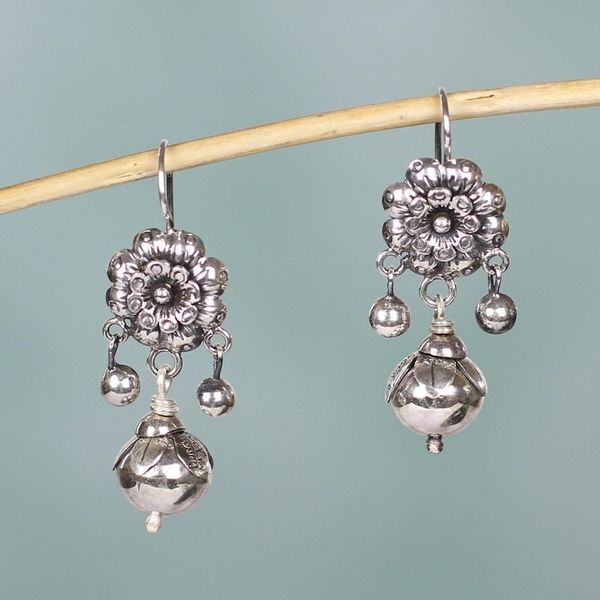 Alternate image for Silver Mazahua Style Artisan Crafted Floral Dangle Earrings Floral Enchantment
