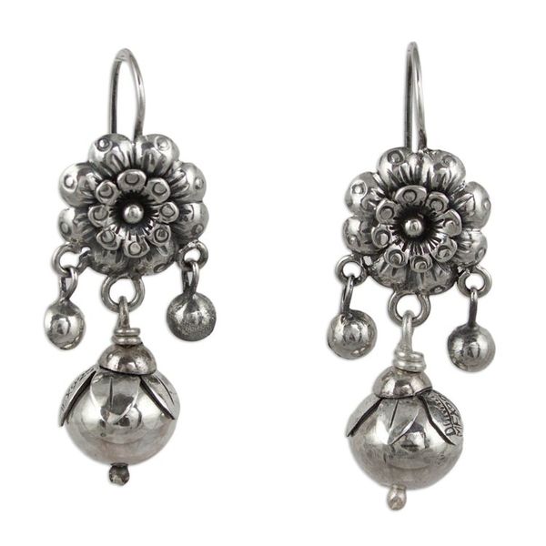 Alternate image for Silver Mazahua Style Artisan Crafted Floral Dangle Earrings Floral Enchantment
