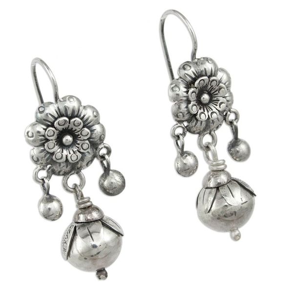 Alternate image for Silver Mazahua Style Artisan Crafted Floral Dangle Earrings Floral Enchantment