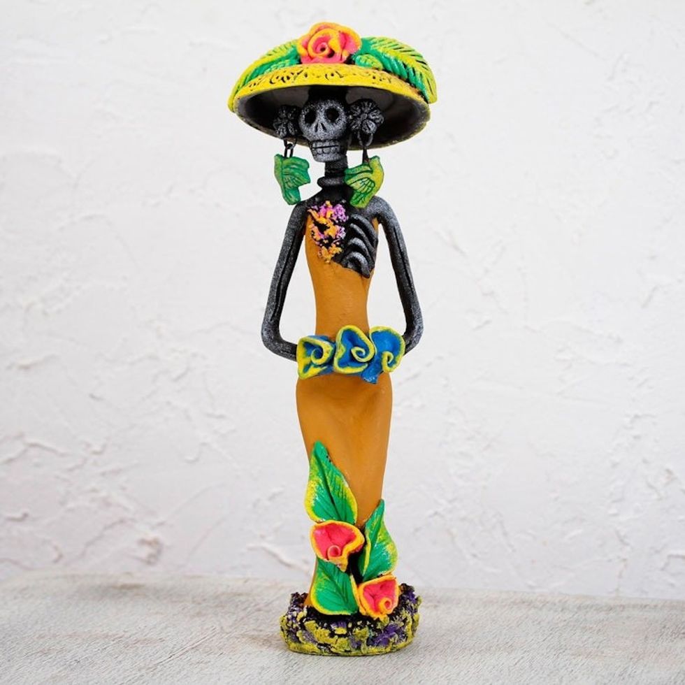 Day of the Dead Catrina Ceramic Figurine in Golden Dress 'Garden Catrina in Harvest Gold'
