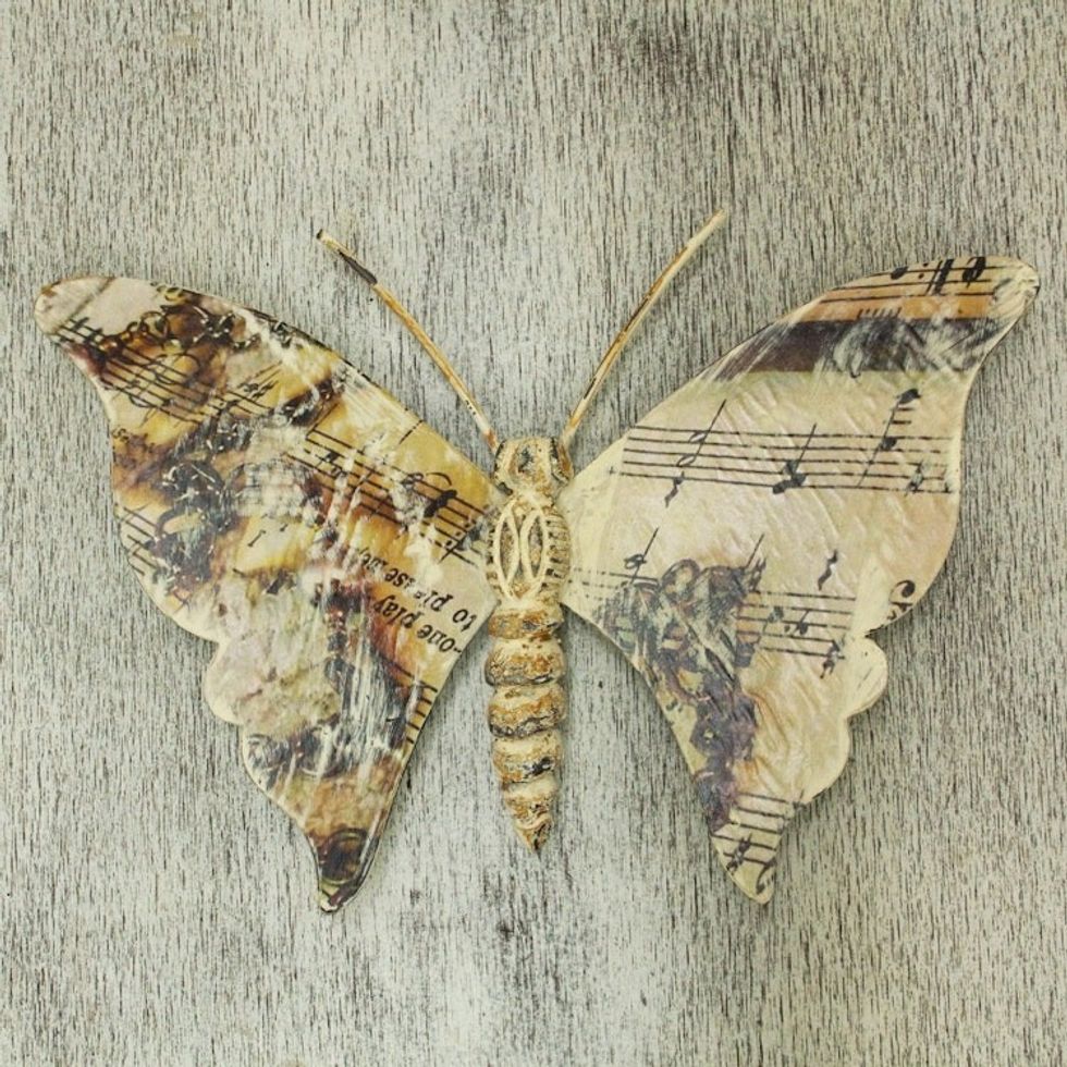 Music Theme Hand Crafted Iron Butterfly Wall Sculpture 'Musical Butterfly'