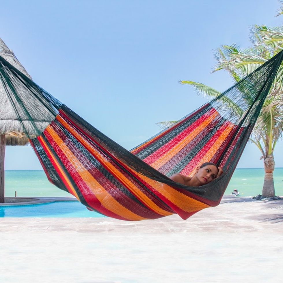 Single Mayan Rope Style Mexico Cotton Hammock 'Red Wine Sunset'