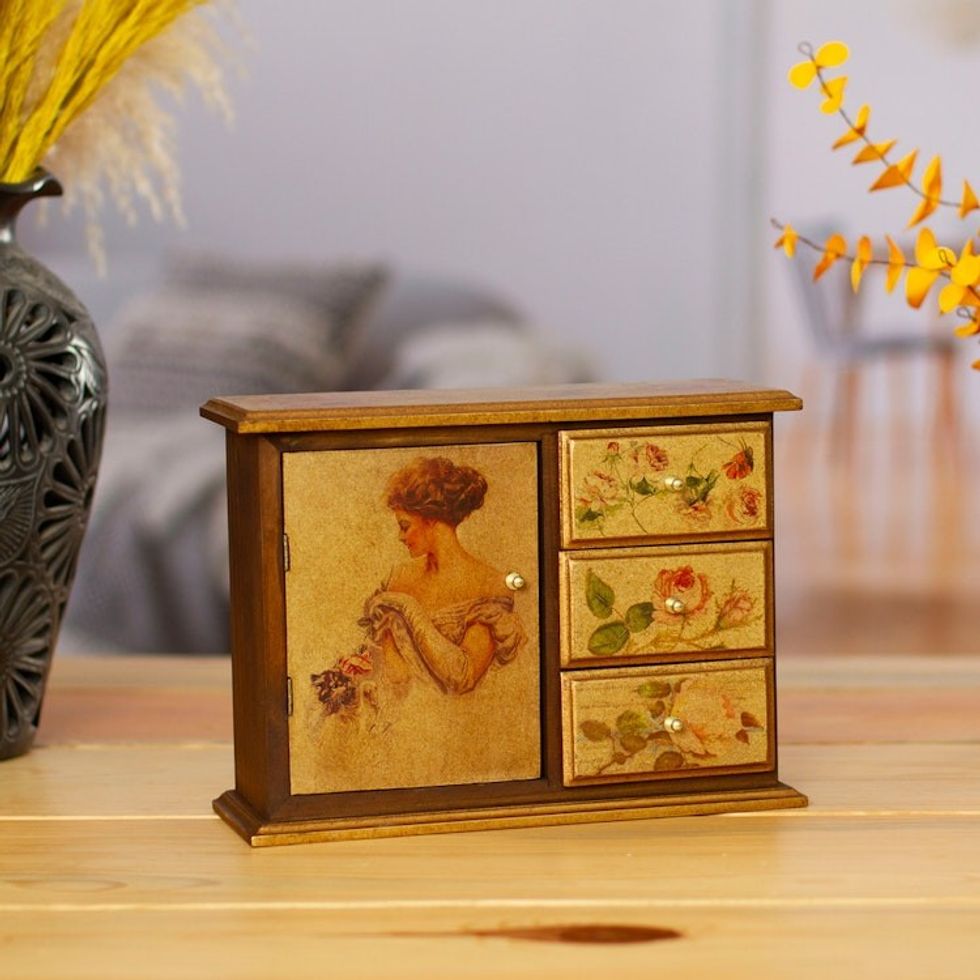 Mexican Hand Crafted Romantic Decoupage Mini Chest 'Lady with a Cat'
