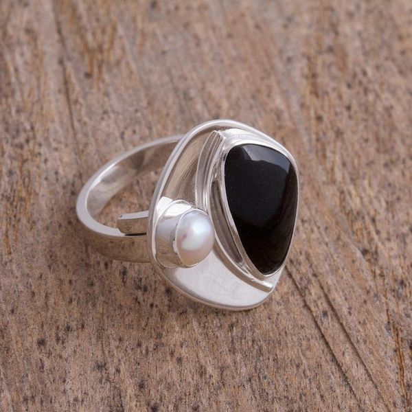Alternate image for Obsidian and Cultured Pearl Cocktail Ring from Mexico Artistic Moon