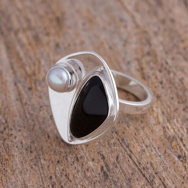 Alternate image for Obsidian and Cultured Pearl Cocktail Ring from Mexico Artistic Moon