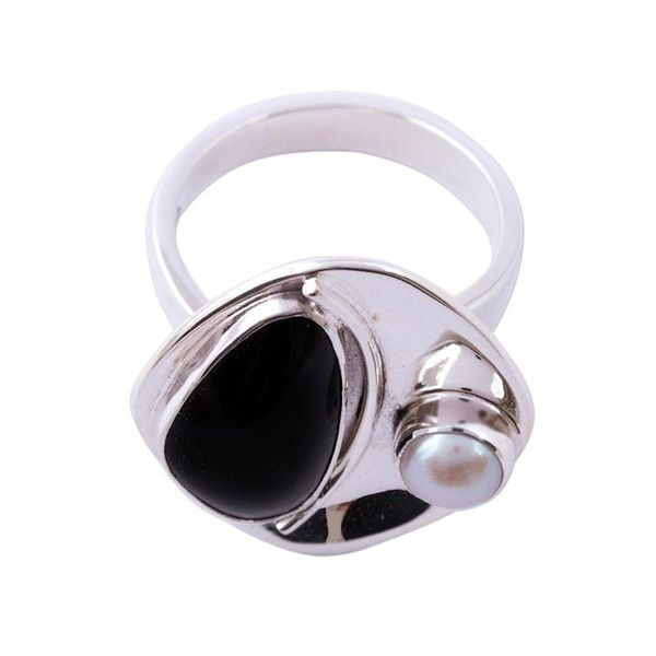 Alternate image for Obsidian and Cultured Pearl Cocktail Ring from Mexico Artistic Moon
