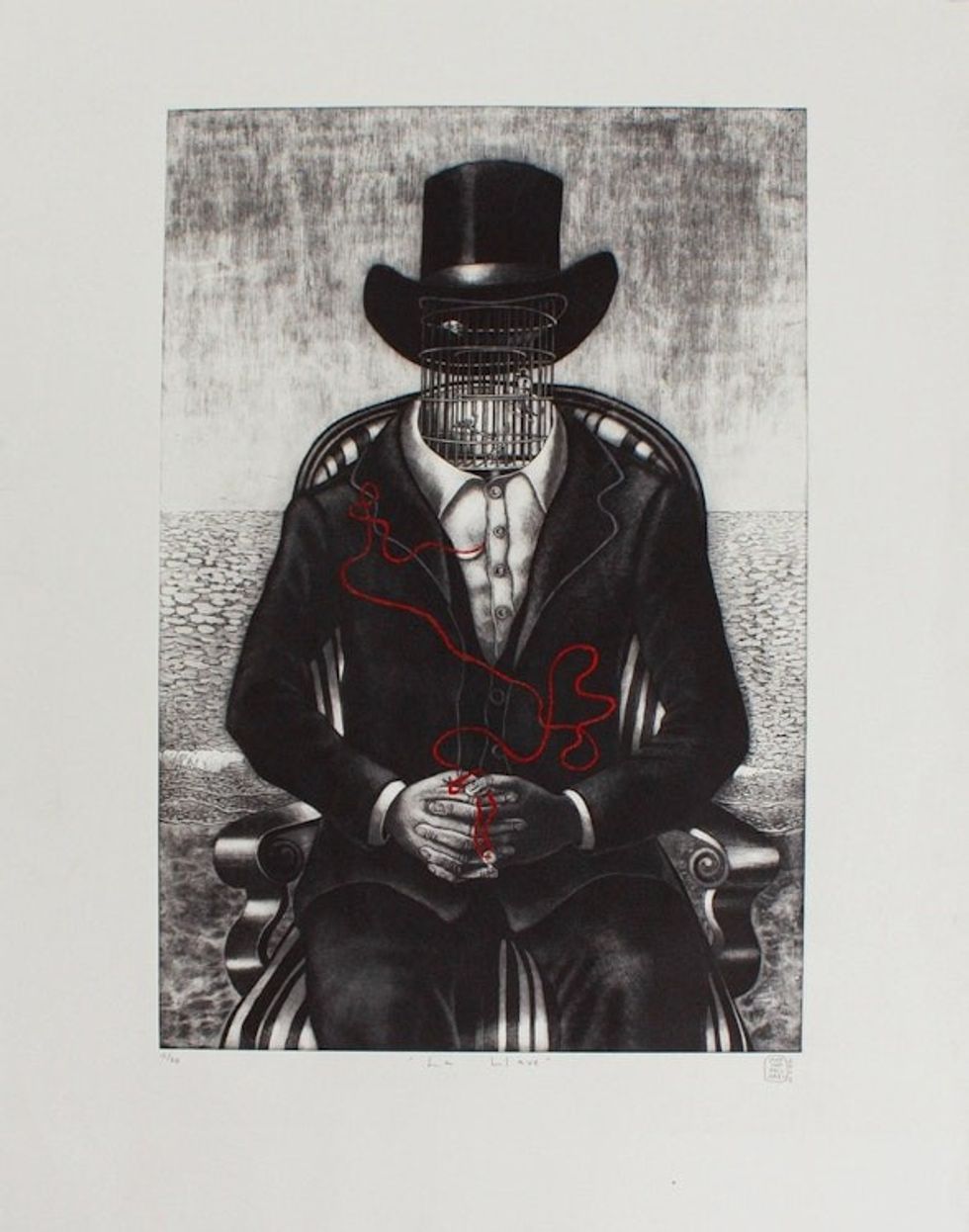 Ltd Ed Black White Surrealism Aquatint Etching 'The Key'