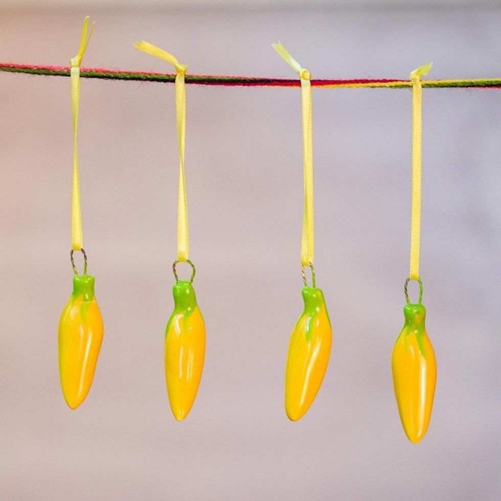 Yellow Ceramic Serrano Pepper Ornaments Set of 4 'Serrano Peppers in Yellow'