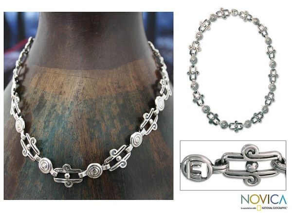 Alternate image for Taxco Silver Link Necklace Mexico Aztec Royalty