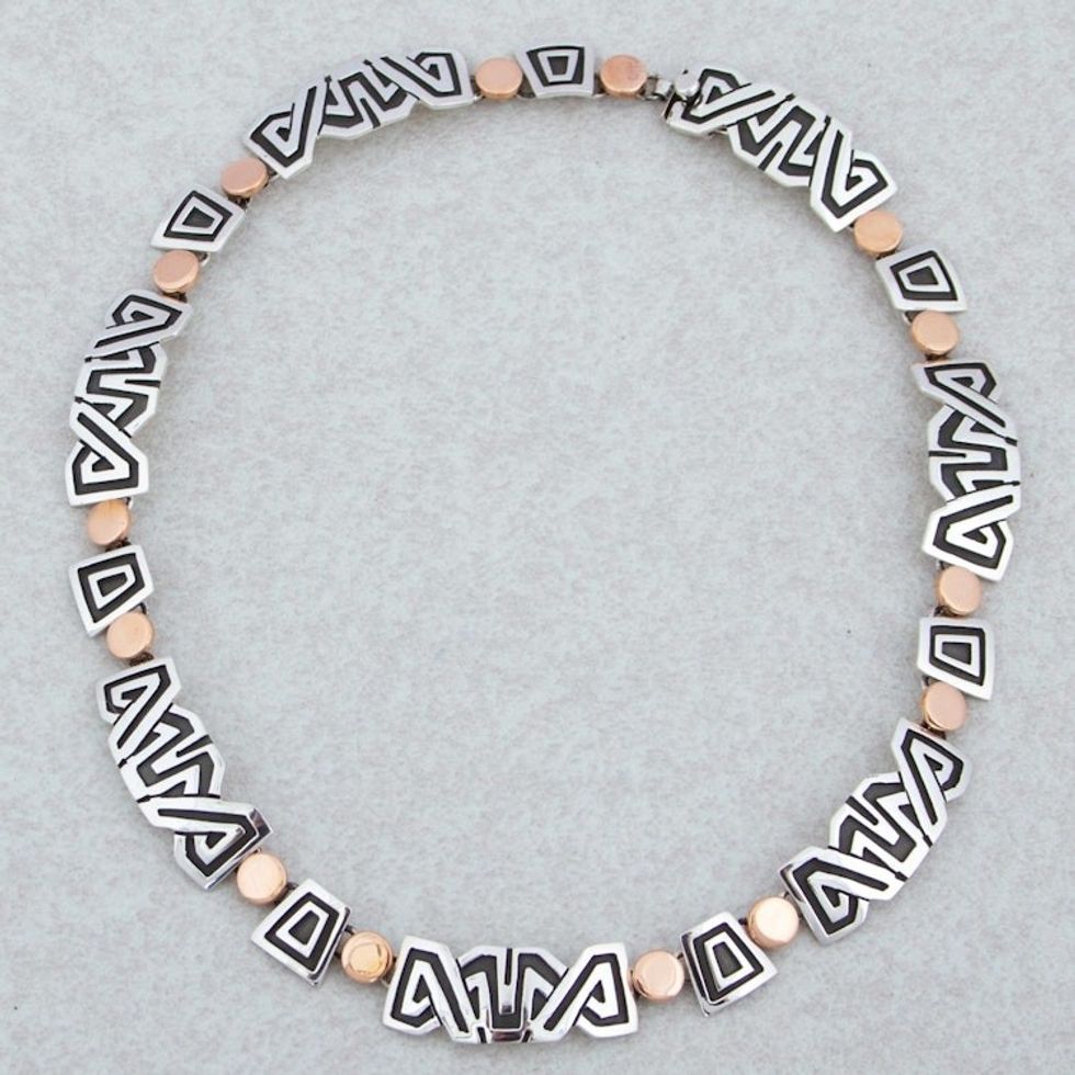 Necklace with 925 Silver Aztec Friezes and Copper Suns 'Solar Frieze'