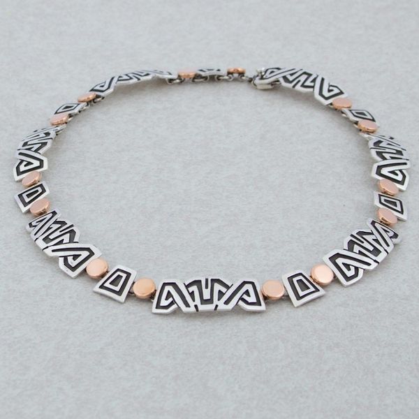 Alternate image for Necklace with 925 Silver Aztec Friezes and Copper Suns Solar Frieze