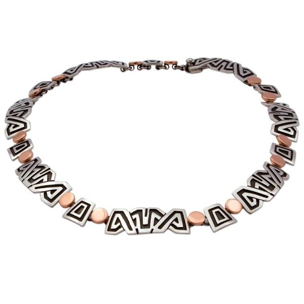 Alternate image for Necklace with 925 Silver Aztec Friezes and Copper Suns Solar Frieze